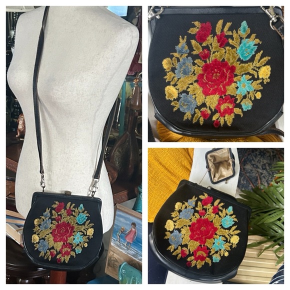 L&M Bags By Edward's Handbags - Vintage Floral Embroidered Tapestry Black Crossbody Bag
